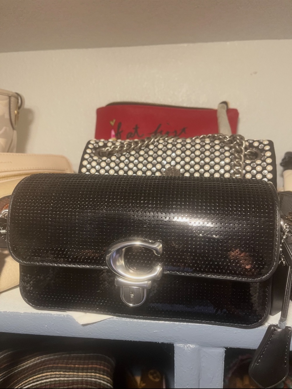 Coach Black Sequin Shoulder Bag with Silver C Clasp